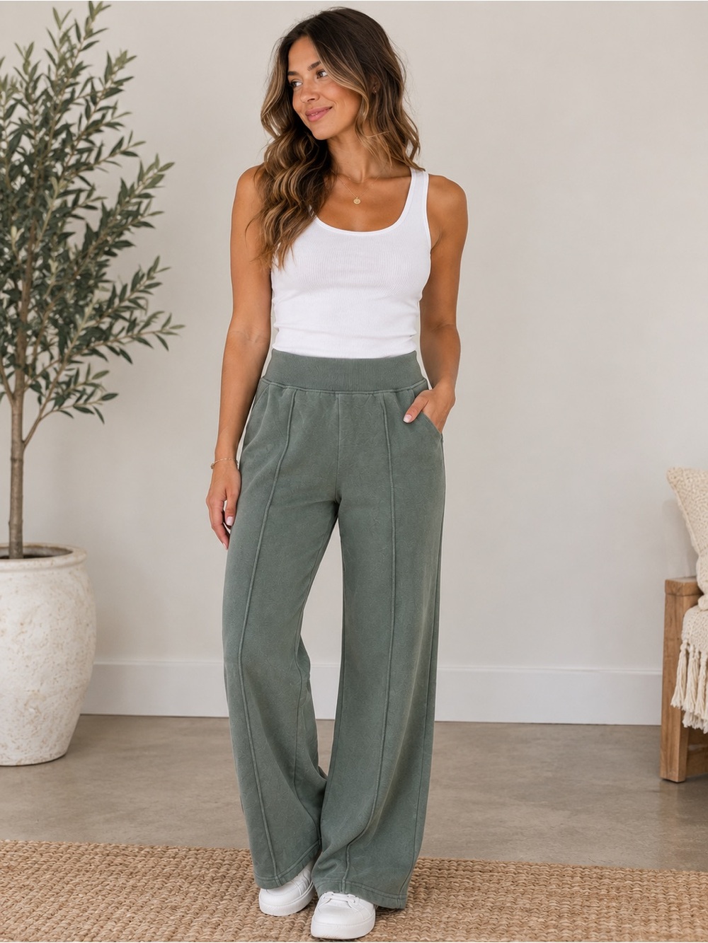 Avia Sage Green High-Rise Wide-Leg Knit Pants